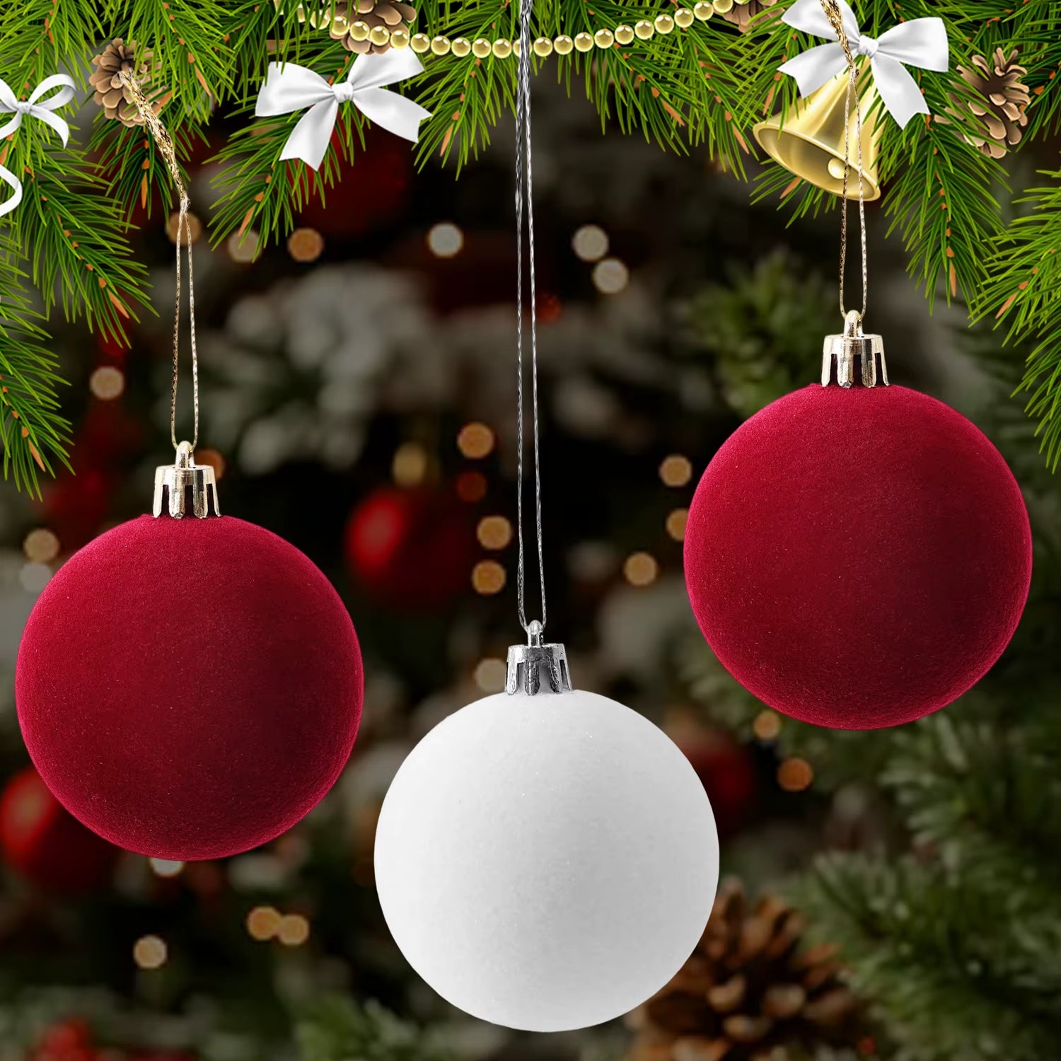 6Cm Wine Red Velvet Christmas Balls for Xmas Tree Flocked Xmas Ball Hanging Pendents Navidad Festival Party Home Decor Supplies