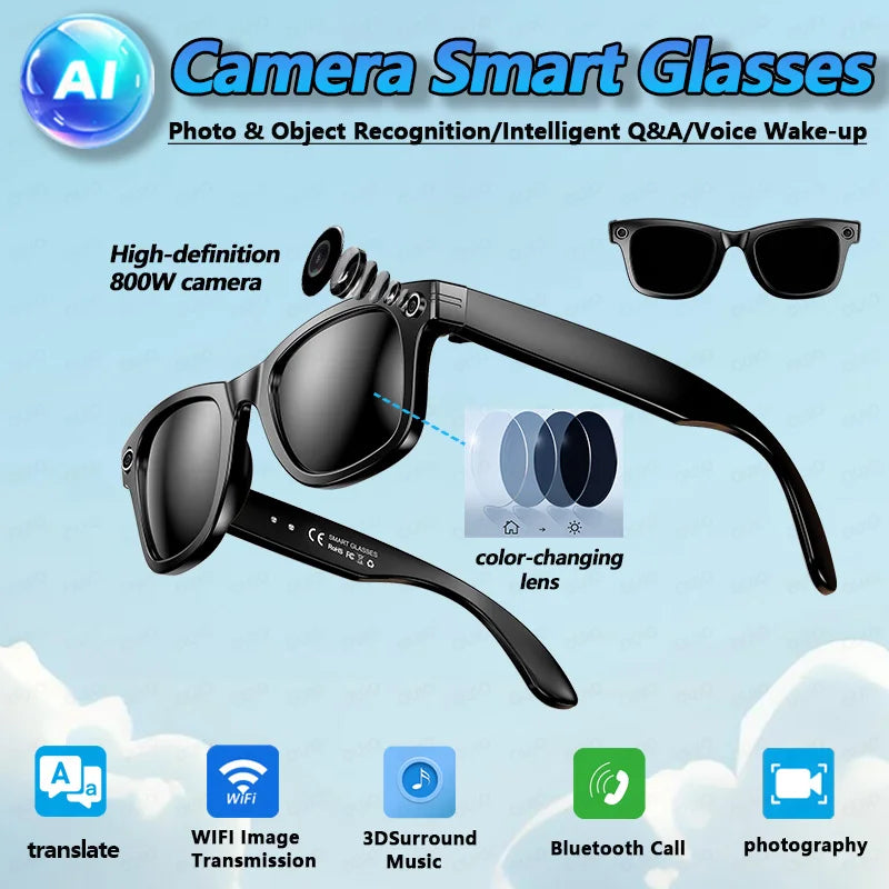 2025 New Smart Al Camera Glasses Intelligent Interactive Translation 800W Camera Color-Changing Lens Dual-Mic Call Smart Glasses