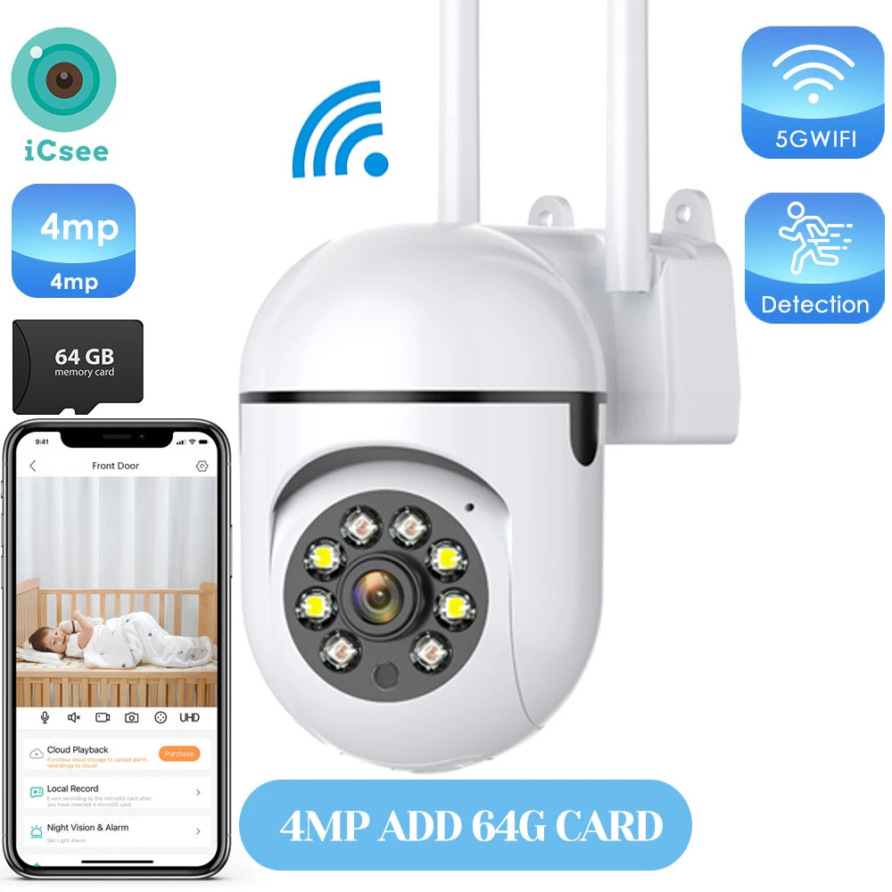 4MP Outdoors Wifi Camera 2K HD Security PTZ IP Camera AI Auto Detect Tracking Indoor Baby Night Color Camera Surveillance ICSee