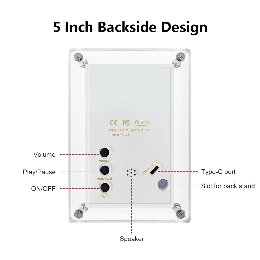 Acrylic Digital Photo Frame 5 and 7 Inch IPS Screen 4GB Memory Rechargeable Battery Auto Rotate Portable Digital Picture Frame