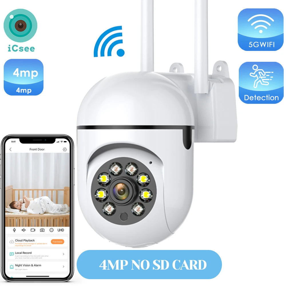 4MP Outdoors Wifi Camera 2K HD Security PTZ IP Camera AI Auto Detect Tracking Indoor Baby Night Color Camera Surveillance ICSee