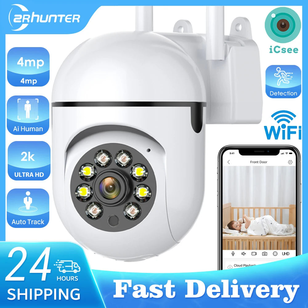 4MP Outdoors Wifi Camera 2K HD Security PTZ IP Camera AI Auto Detect Tracking Indoor Baby Night Color Camera Surveillance ICSee