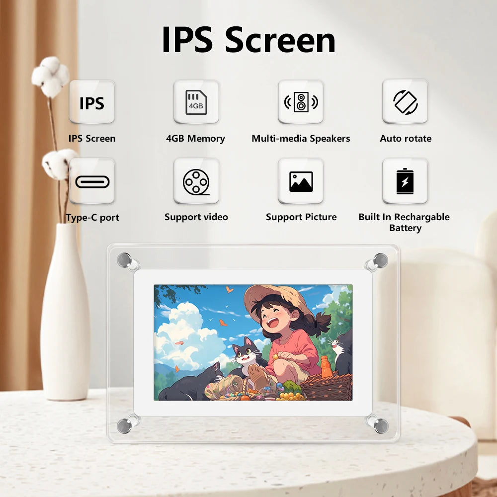 Acrylic Digital Photo Frame 5 and 7 Inch IPS Screen 4GB Memory Rechargeable Battery Auto Rotate Portable Digital Picture Frame